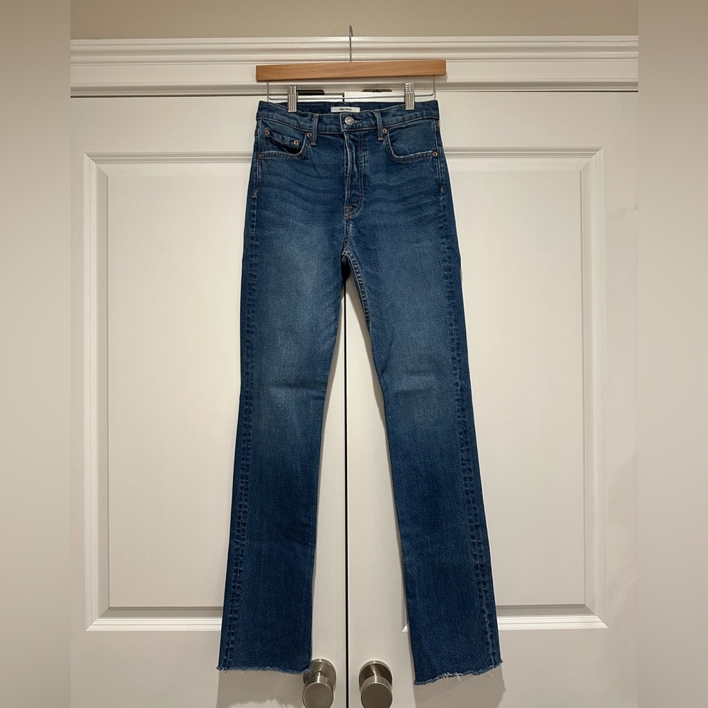 GRLFRND high rise, split hem, button fly, stretch jean; size 27